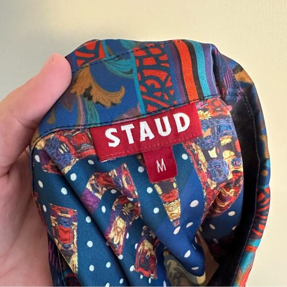 Staud Blue Red Artsy Patchwork Long Sleeve Button Front Top Blouse Medium - Picture 8 of 16